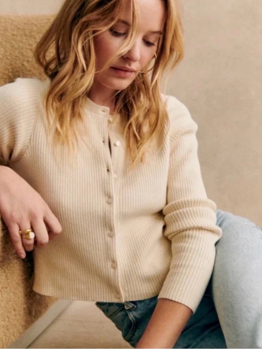 Sezane Kylie Cream Ribbed Knit Cardigan  Minimalist Parisian Spring Size XS